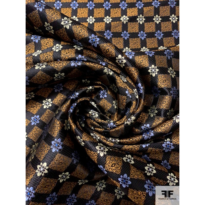 Ornate Grid Silk Necktie Jacquard Brocade – Black / Gold / Periwinkle / Cream Fabric by the Yard
