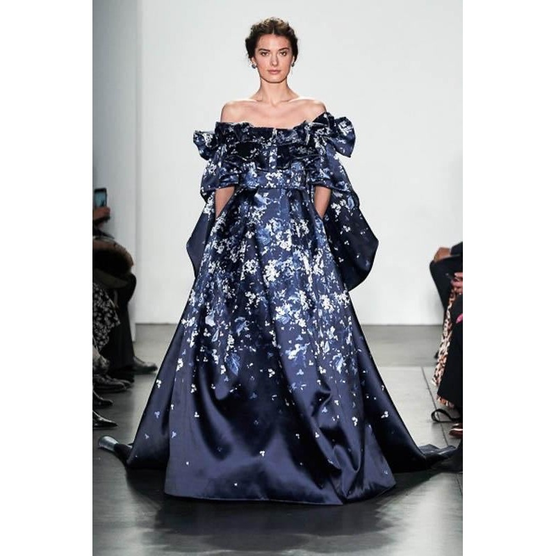 Pamella Roland Floral Border Printed Silk and Poly Zibeline – Navy / Blue / White Fabric by the Yard