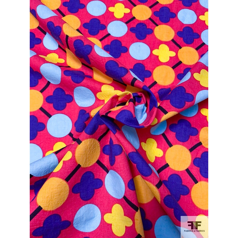 Playful Geometric Printed Cotton Sheeting – Hot Peachy-Pink / Yellow / Purple / Sky Blue Fabric by the Yard