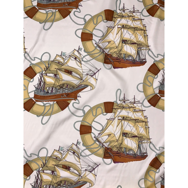 Ships and Life Rings Printed Fine Silk Twill – Antique Yellow / Olive / Caramel / Off-White Fabric by the Yard