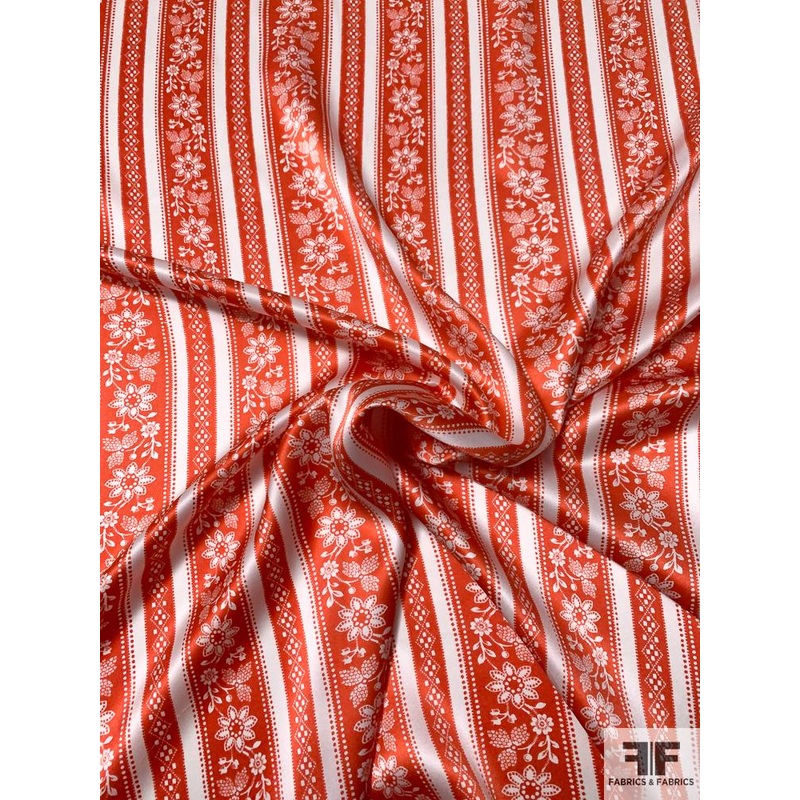 Vertical Striped and Floral Printed Silk Charmeuse – Tomato Red / White Fabric by the Yard
