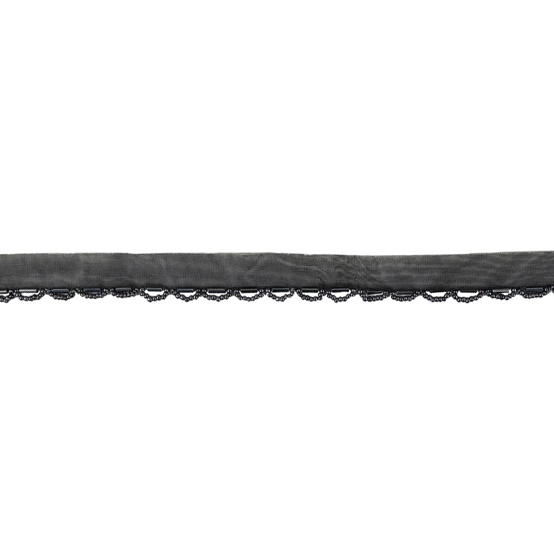 Vintage Black and Gunmetal Seed and Bugle Beaded Scalloped Trim – 0.75″