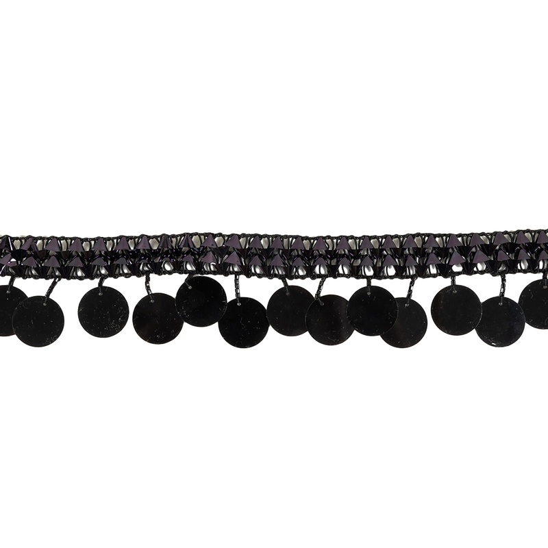 Vintage Metallic Black Braided Trim with Black Beads and Paillette Sequins Fringe – 1.75″