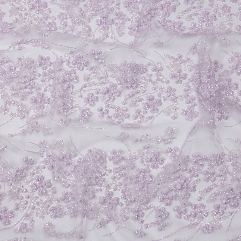 3D Puffy Glitter Tulle – Lilac Floral Stripes
