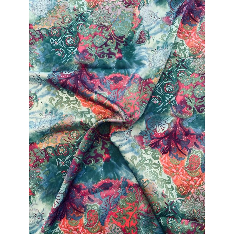 Abstract Collage Printed Silk Charmeuse – Teal / Magenta / Purple / Multi Fabric by the Yard