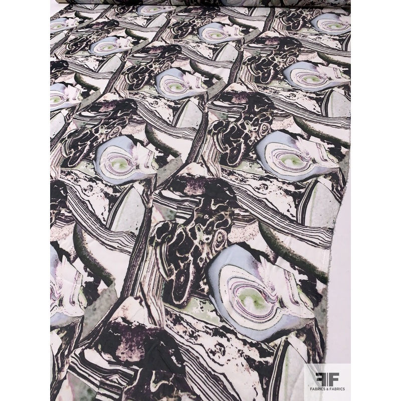 Abstract Metamorphic Printed Silk Chiffon – Black / Dark Purple / Off-White / Pale Lavender Fabric by the Yard