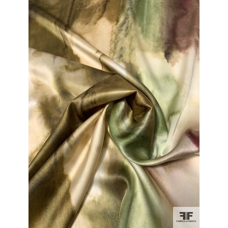 Abstract Painterly Printed Stretch Silk Charmeuse – Shades of Green / Earth Fabric by the Yard