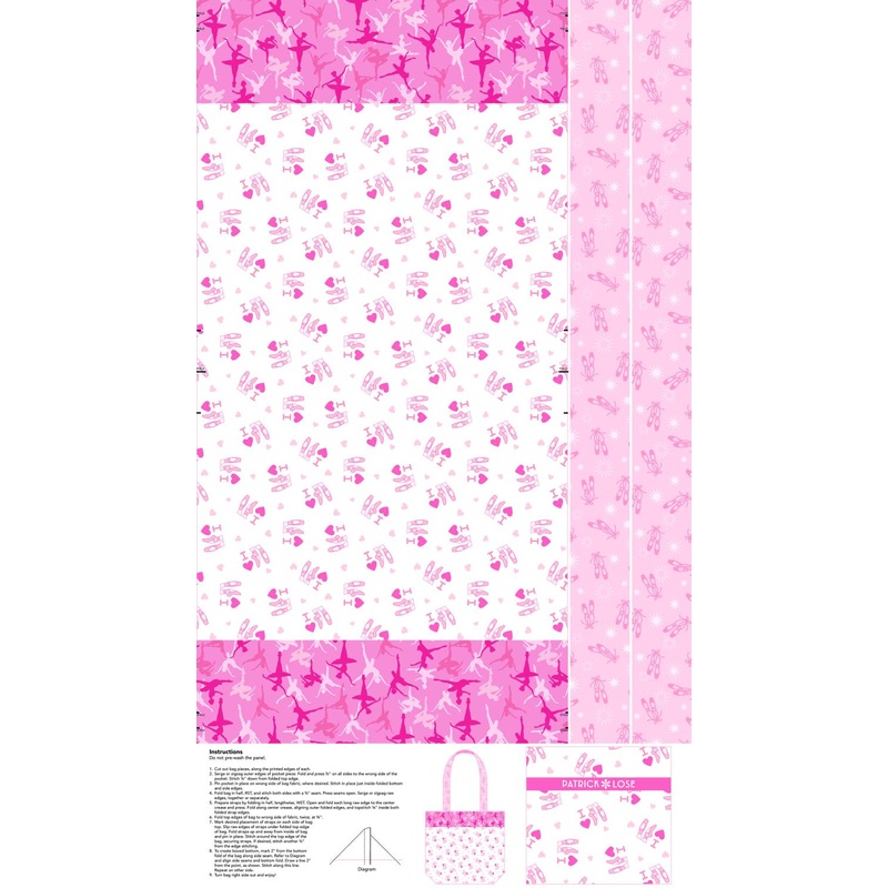 At the Ballet  –   C10613-10 – Heart Ballet Canvas Tote Bag Panel – Pink