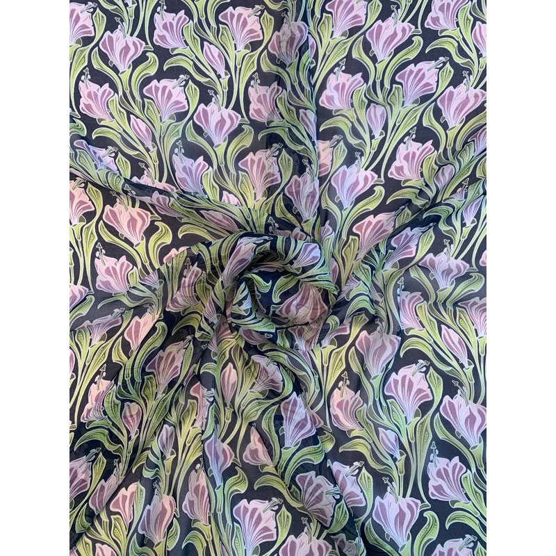 Field of Flowers Printed Silk Chiffon – Purple / Green / Black / White Fabric by the Yard