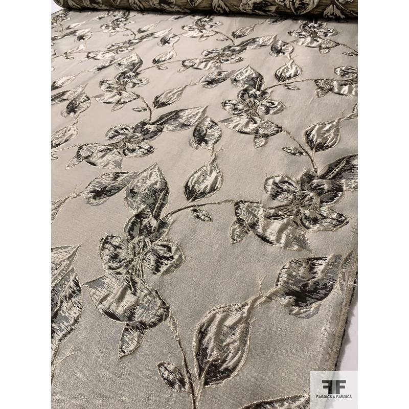 Floral Leaf Vine Textured Metallic Brocade – Icy Light Gold / Gold / Black Fabric by the Yard