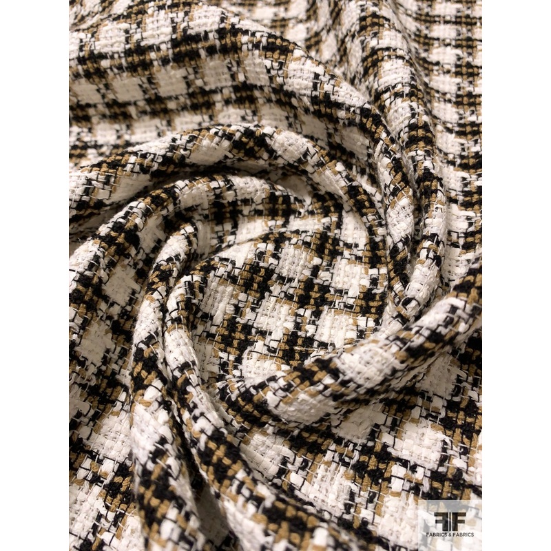 French Houndstooth Cotton Blend Ladies Tweed Suiting – White / Off-White / Tan / Black Fabric by the Yard