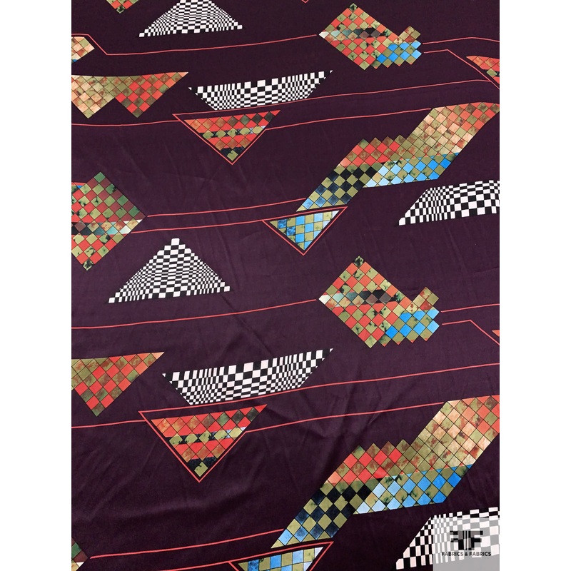 Geometric Pyramids Printed Silk Charmeuse – Eggplant Purple / Orange / Blue / Earth Green Fabric by the Yard