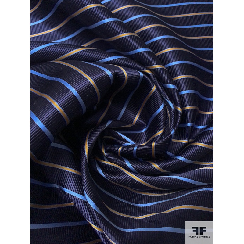 Horizontal Striped Silk Necktie Jacquard Brocade – Navy / Carolina Blue / Turmeric Fabric by the Yard