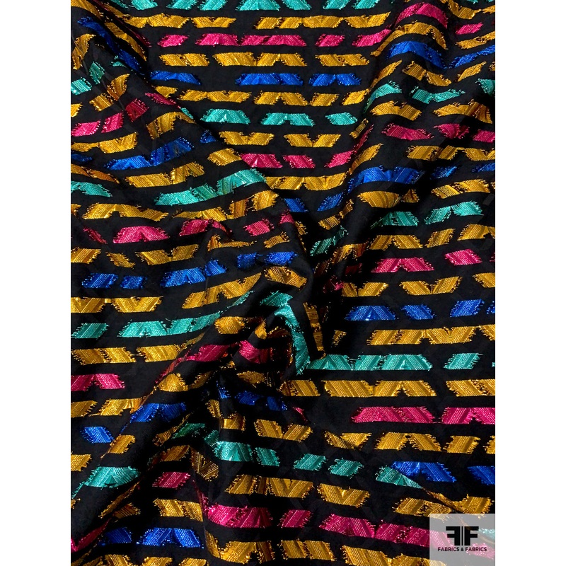 Italian Cotton Blend Voile with Lurex Pattern Broken Chevron Fil Coup – Magenta / Gold / Royal / Black Fabric by the Yard
