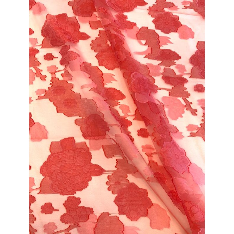 Italian Floral Fil Coup Polyester Organza – Raspberry Fabric by the Yard