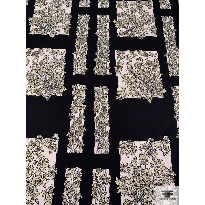 Italian Floral Frames Printed Polyester Crepe de Chine – Black / White / Beige Fabric by the Yard