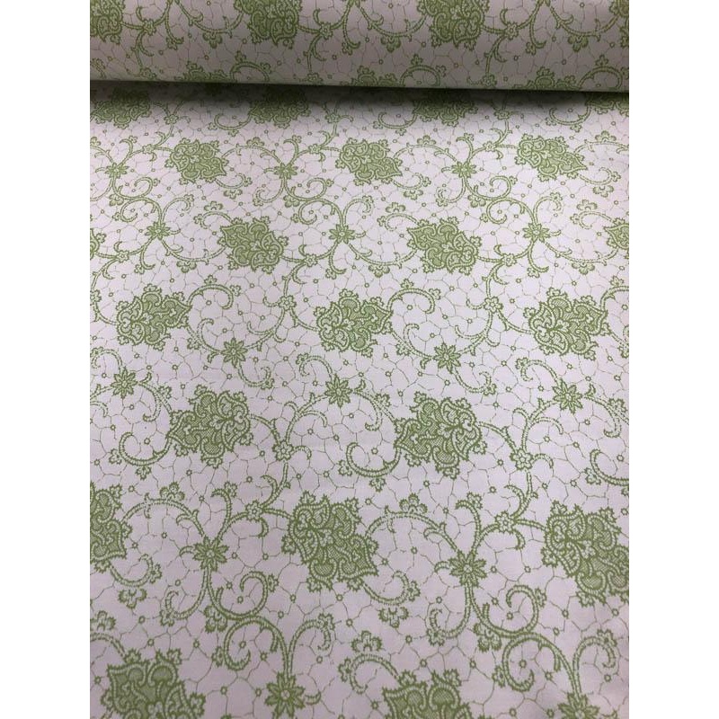 Ornate Lace Printed Stretch Cotton Sateen – Lime Green / White Fabric by the Yard