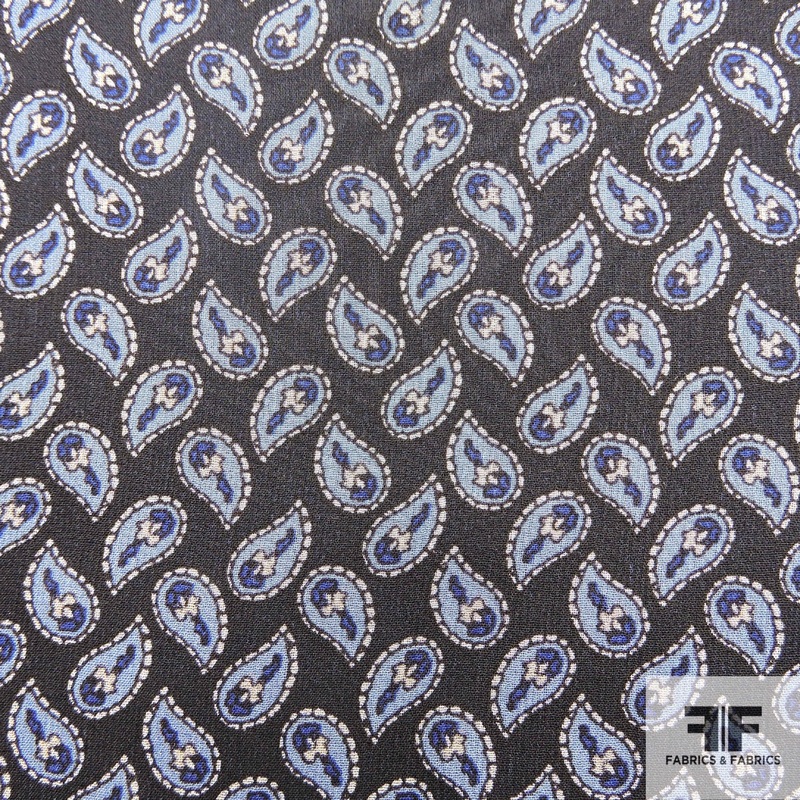 Paisley Boho Printed Silk Chiffon – Blue Fabric by the Yard
