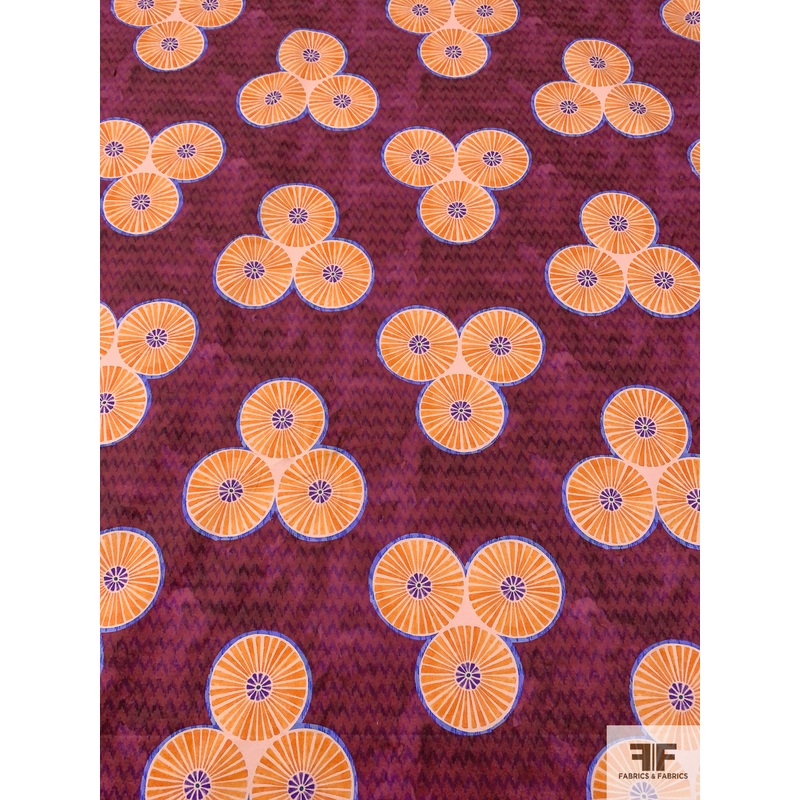 Pinwheel Printed Lightweight Stretch Cotton Twill – Wine Red / Orange / Periwinkle Blue Fabric by the Yard