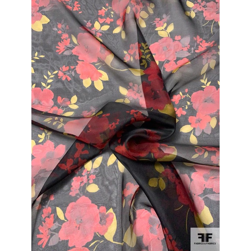 Romantic Floral Printed Silk Organza – Red / Yellow / Black / Mauve Fabric by the Yard