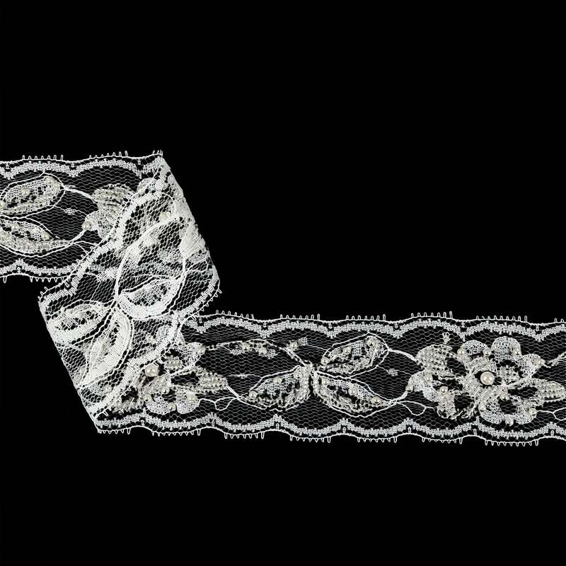 Vintage White Pearl and Iridescent Floral Beaded Lace Trim – 1.875″