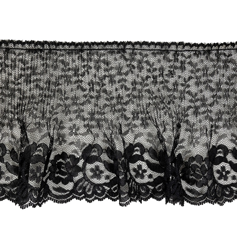 Black Floral Pleated and Ruffled Lace Trim with Scalloped Edge – 5.5″