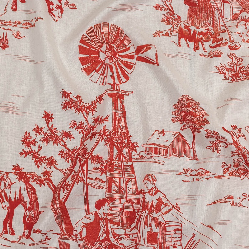 Cotton Voile – Cherry Tomato and White Classic Toile de Jouy