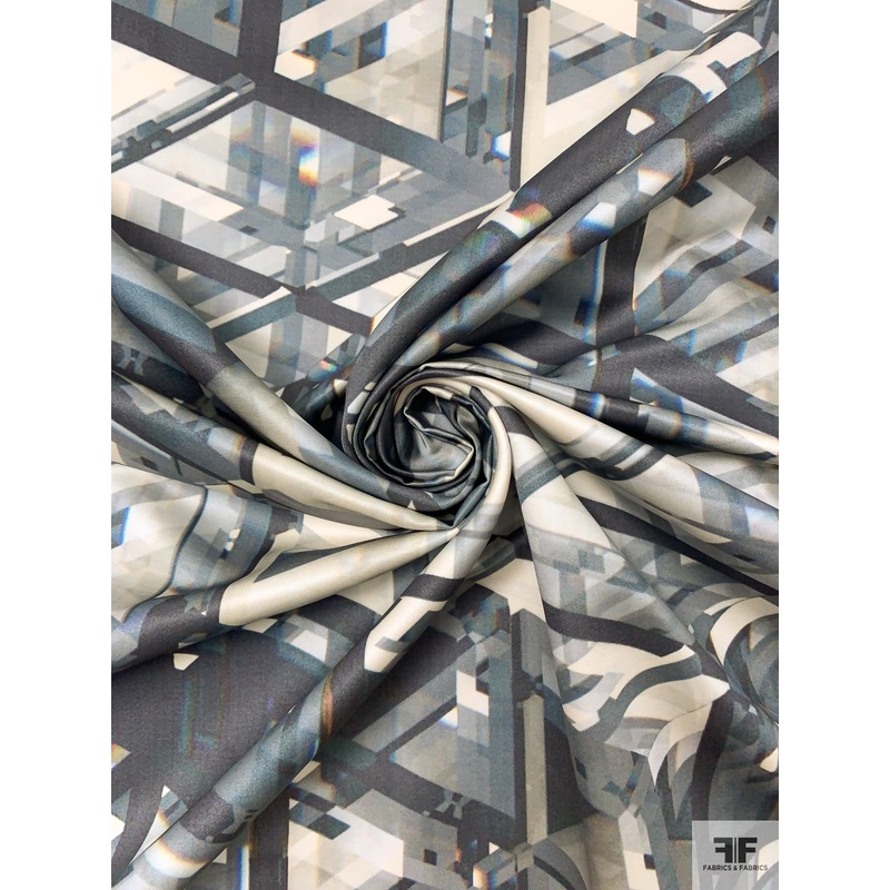 Crystal Mirrored Printed Double Face Silk Satin – Shades of Grey / Ivory Fabric by the Yard