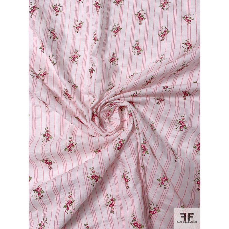 Ditsy Floral Striped Printed Pliss Cotton Lawn – Pink / Cranberry / Green Fabric by the Yard
