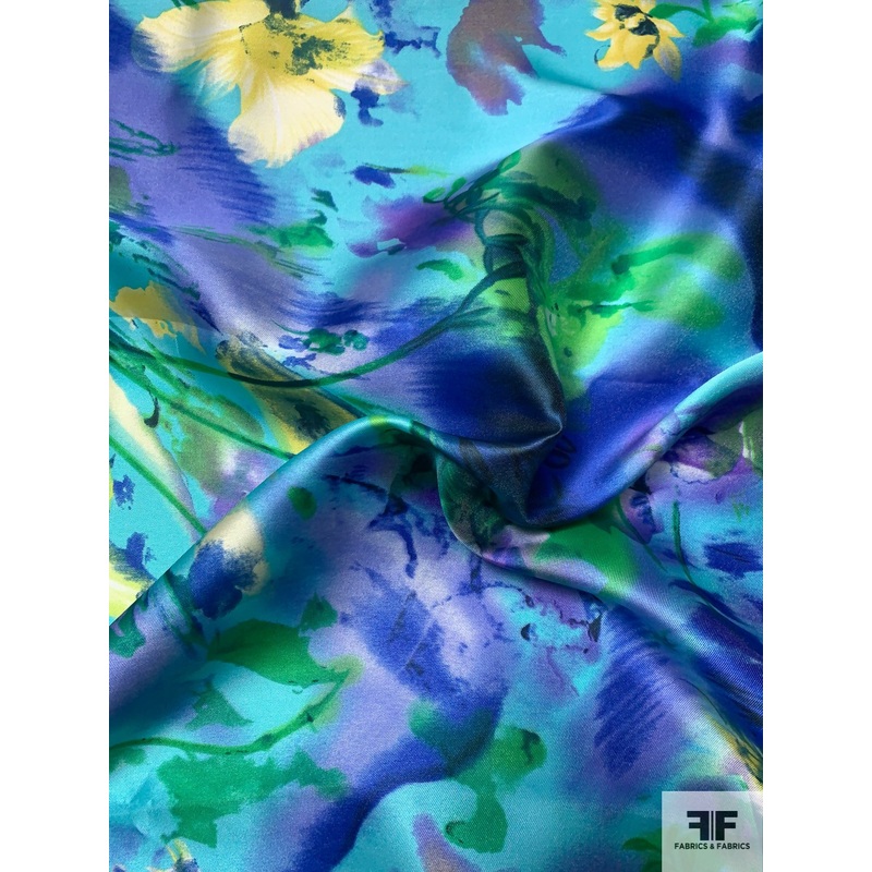Dreamy Summer Floral Printed Polyester Zibeline – Aqua / Purple / Green / Yellow Fabric by the Yard