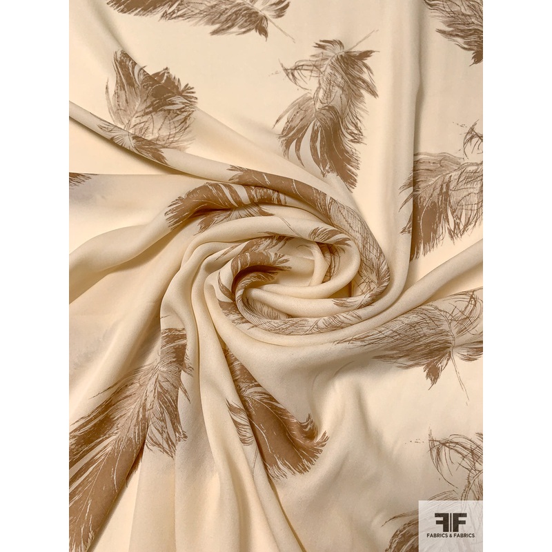 Feathery Leaf Sketch Printed Silk Georgette – Cream / Tan Brown Fabric by the Yard