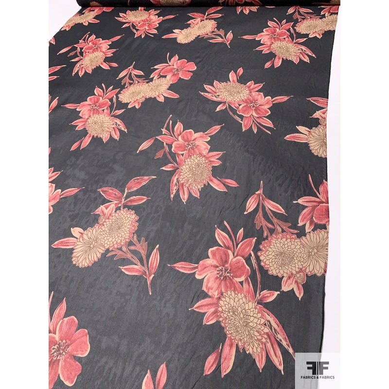 Floral Printed Silk Chiffon – Burnt Red / Tan / Brown / Black Fabric by the Yard