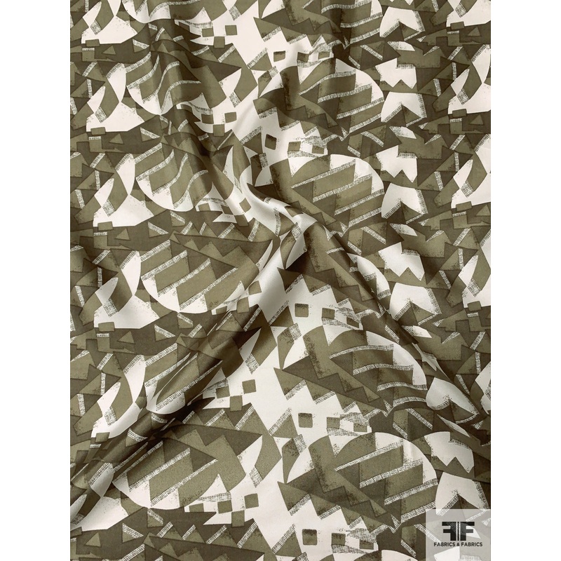 Geometric Graphic Printed Vintage Silk Twill – Shades of Olive / Off-White Fabric by the Yard