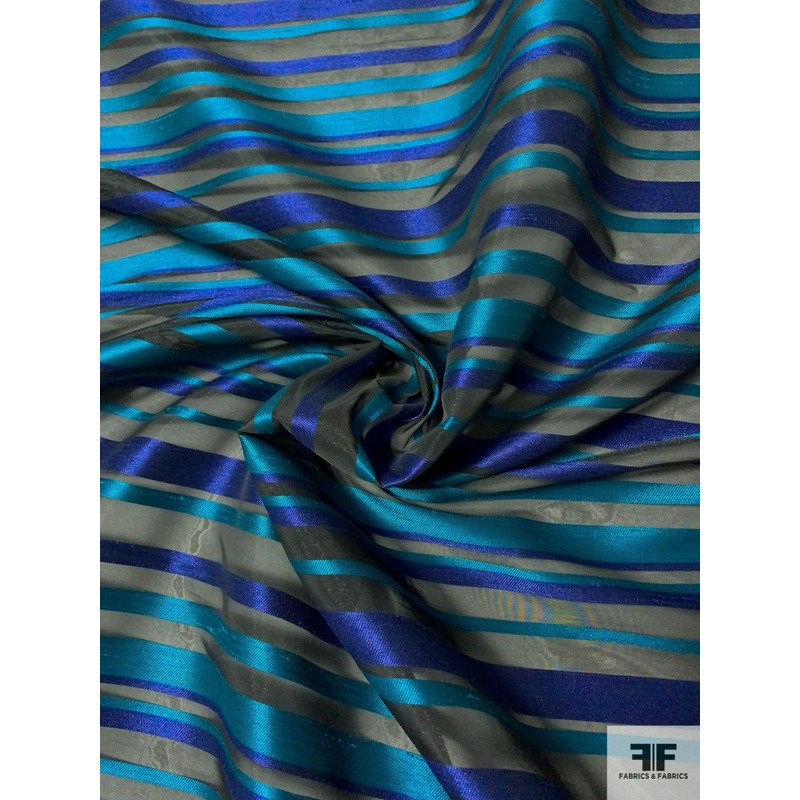 Italian Polyester Organza with Horizontal Twill Striped Design – Teal / Royal / Black Fabric by the Yard