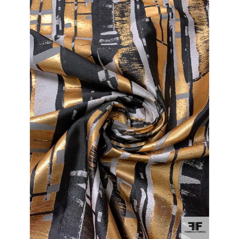 Italian Streak Pattern Metallic Jacquard Brocade – Gold / Black / Light Grey Fabric by the Yard