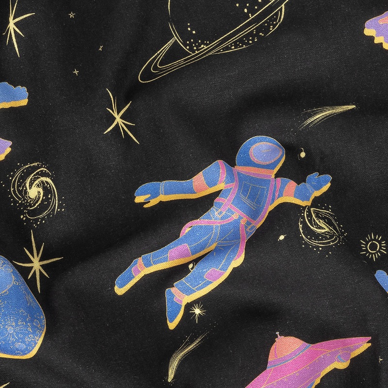 Linen and Rayon Woven – Black, Pink and Blue Astronauts in Space – Sweet Dreams Print – Mood Exclusive Sugar Collection
