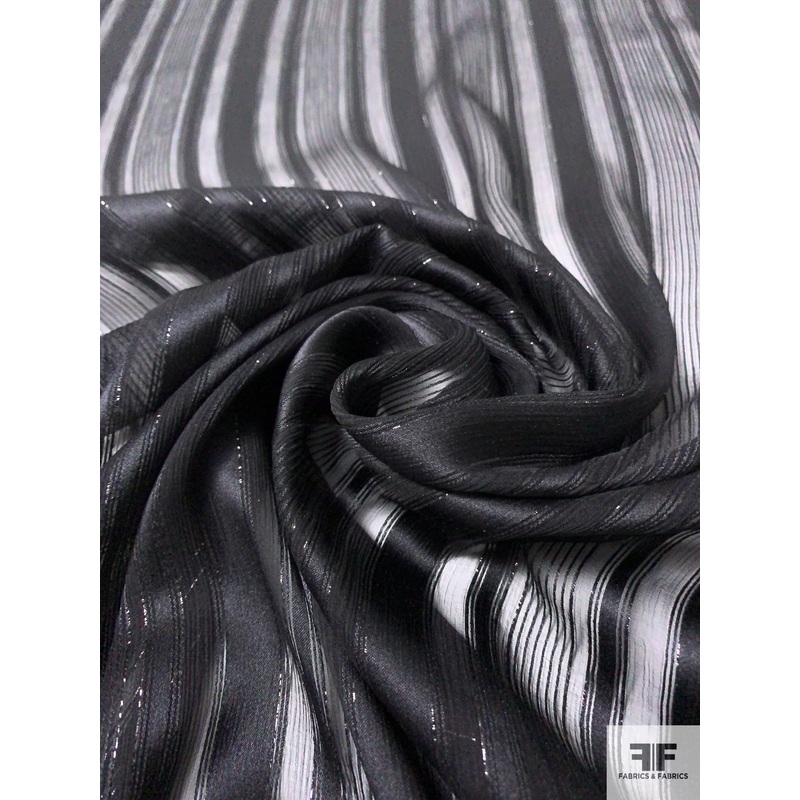 Multisize Satin Striped Burnout Crinkled Silk Chiffon with Black Lurex Pinstripes – Black Fabric by the Yard