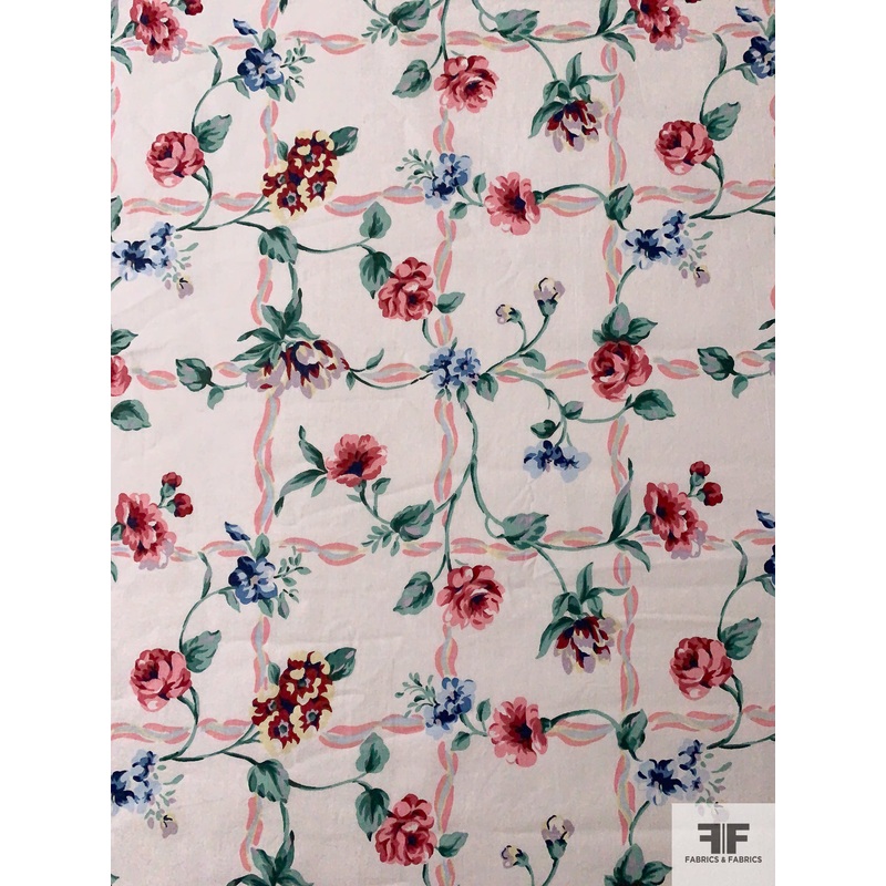 Painterly Floral Vine Grid Printed Cotton Lawn – Off-White / Dusty Green / Pinks / Reds Fabric by the Yard