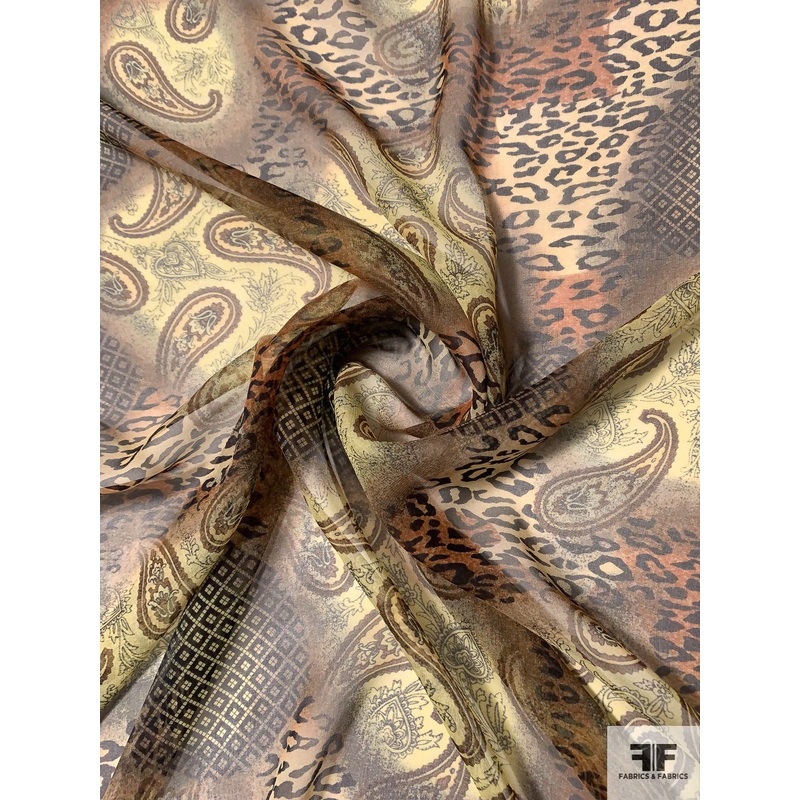Paisley and Animal Pattern Blend Printed Silk Chiffon – Shades of Brown / Butter / Black Fabric by the Yard