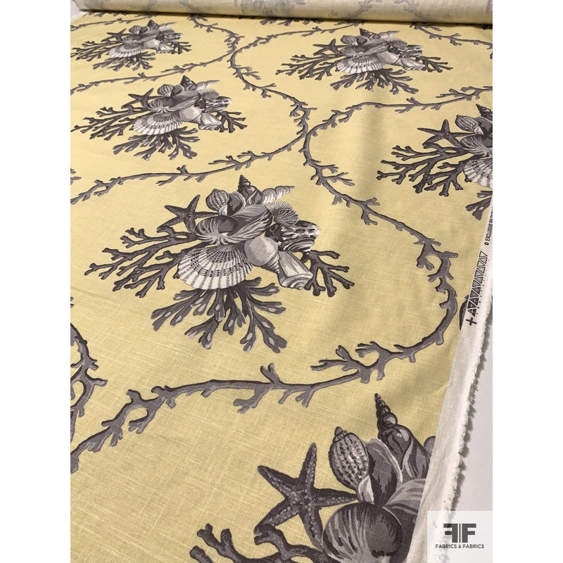 Seashells and Coral Printed Linen – Butter Yellow / Shades of Grey Fabric by the Yard