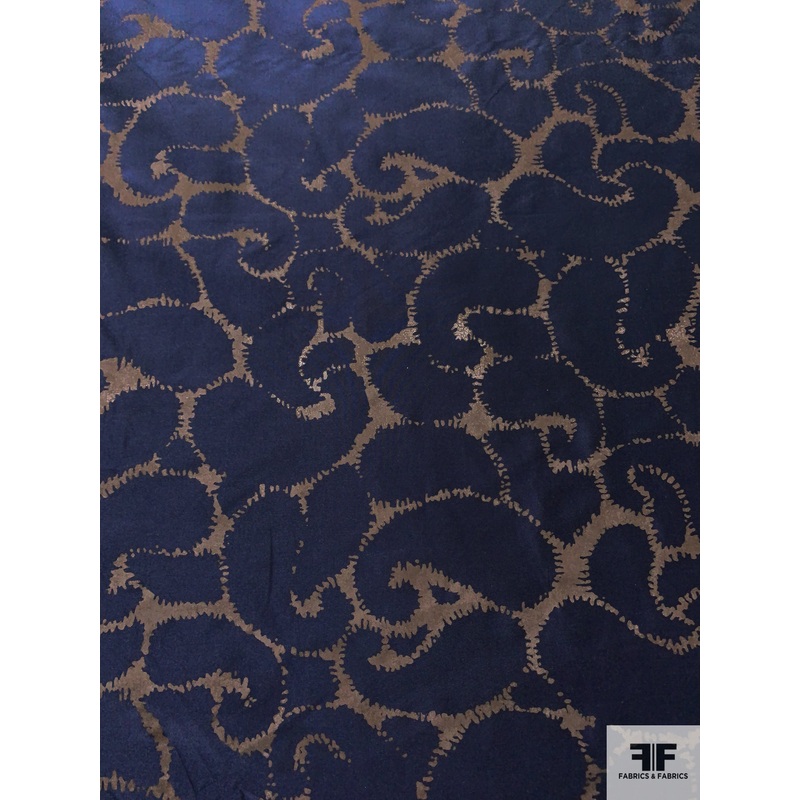 Spikey Paisley Silhouette Printed Silk Taffeta – Navy / Khaki Brown Fabric by the Yard