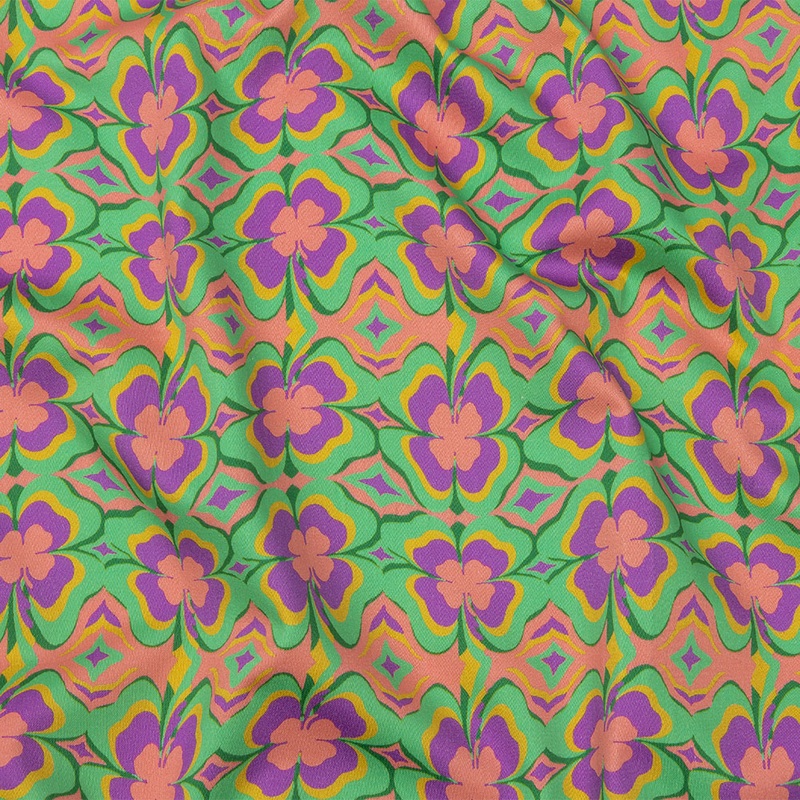 Stretch Cotton Sateen – Green and Purple Clovers – Lucky You Print – Mood Exclusive Groove Collection