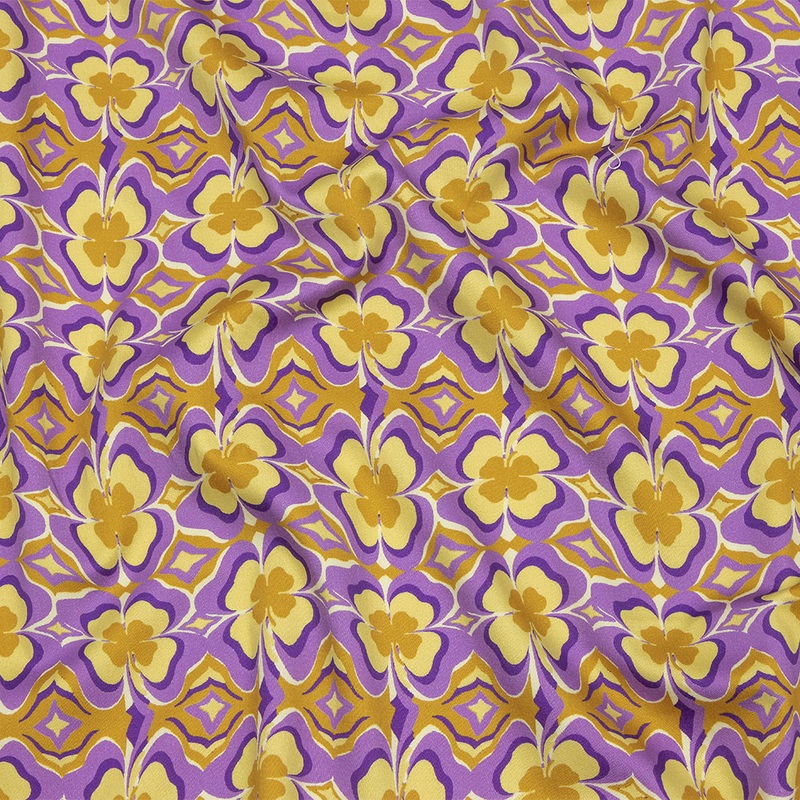 Stretch Cotton Sateen – Purple and Yellow Clovers – Lucky You Print – Mood Exclusive Groove Collection