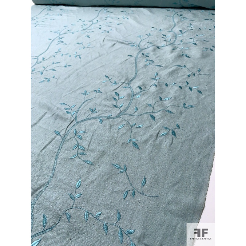 Vine Branch Embroidered Cotton-Linen – Dusty Aquamarine Fabric by the Yard