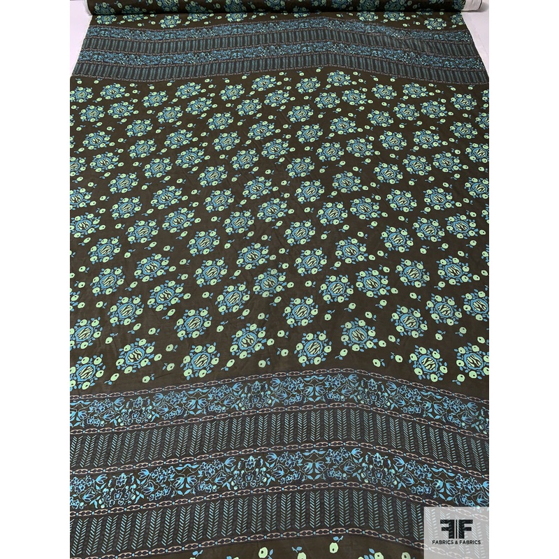 Anna Sui Floral-Inspired Printed Cotton-Silk Voile Panel – Army Green / Light Blue / Navy Blue / Mint Fabric by the Panel