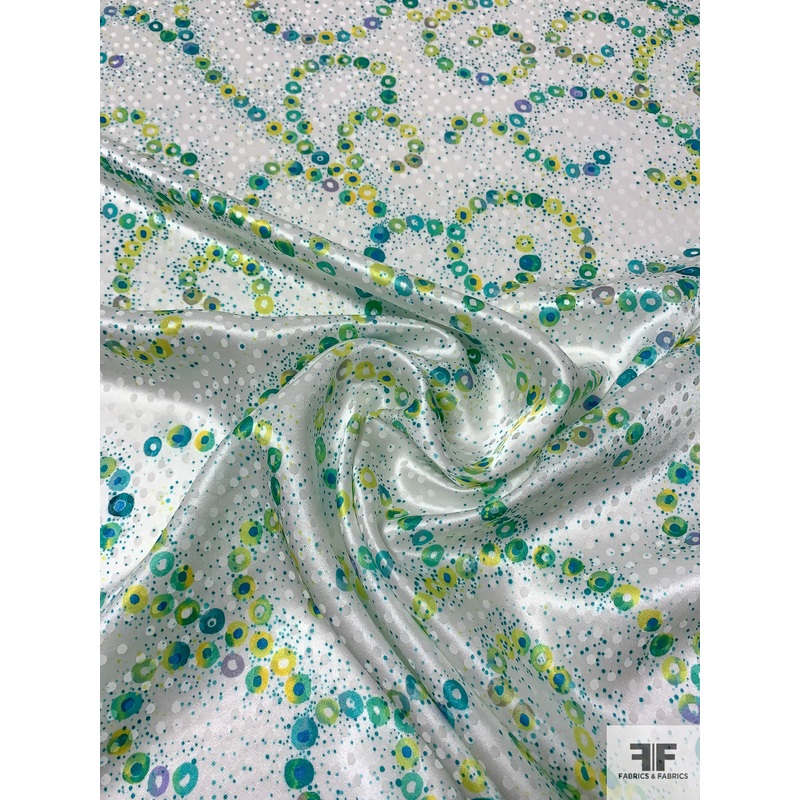 Circles in Swirl Printed Jacquard Silk Charmeuse – Teal / Greens / Yellow / Off-White Fabric by the Yard