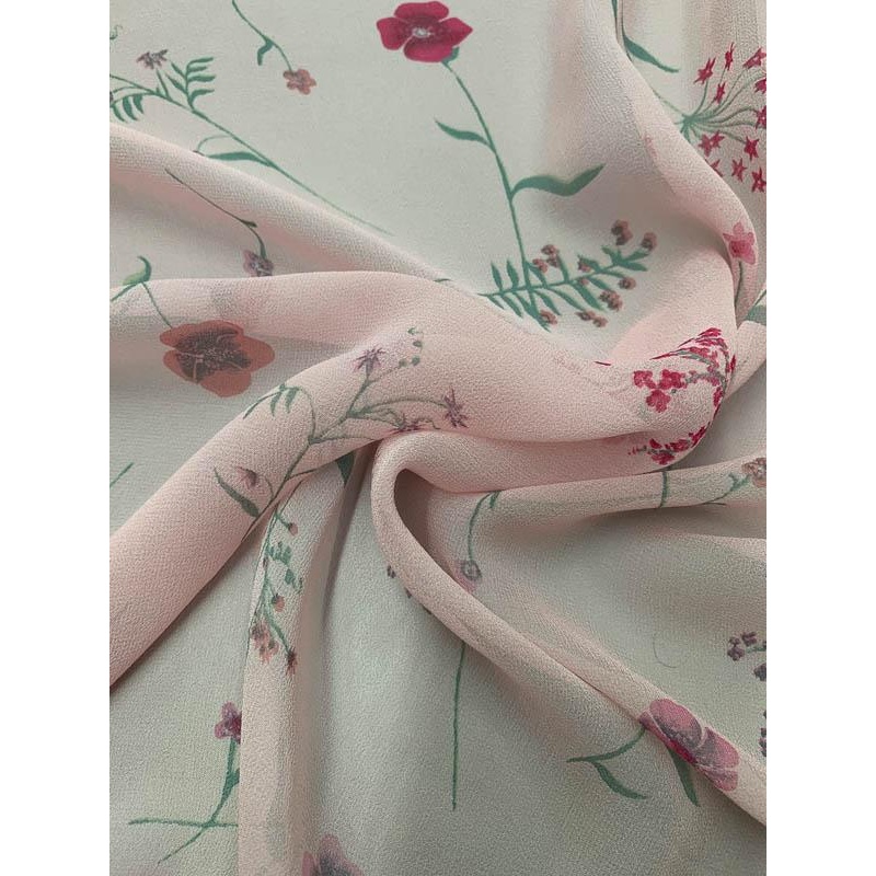 Delicate Floral Printed Silk Chiffon – Pink / Magenta / Grey-Teal Fabric by the Yard