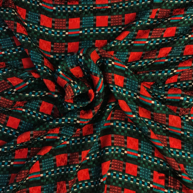 Geometric Plaid Printed Silk Jacquard – Red/Green/Turquoise/Black Fabric by the Yard