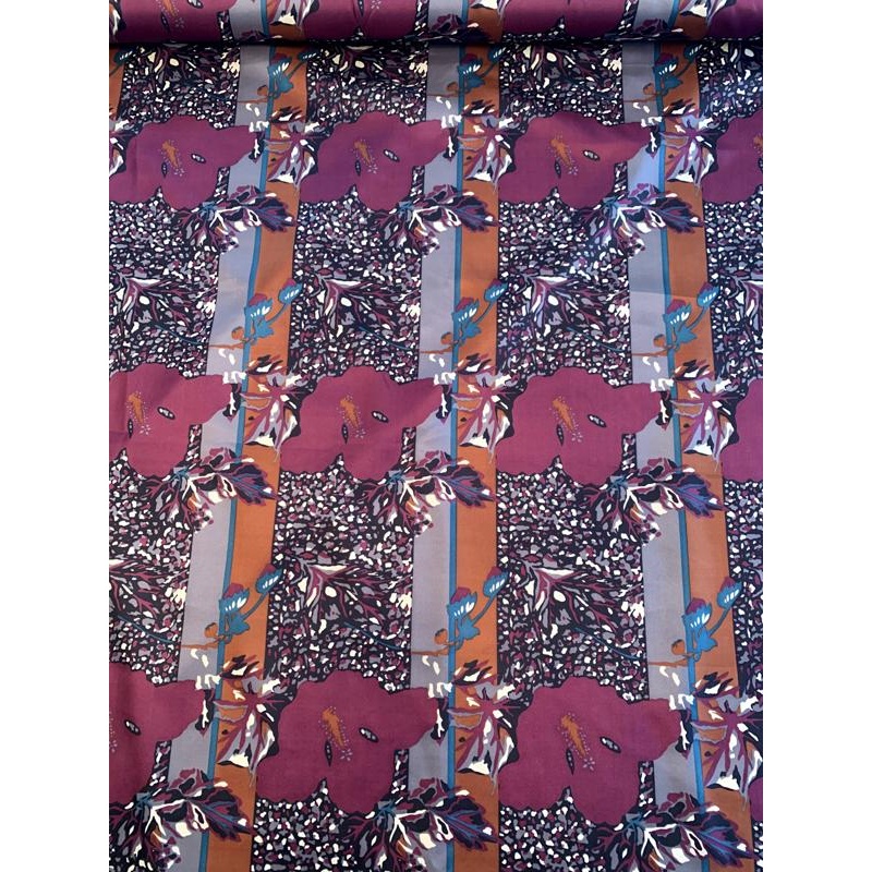 Italian Abstract Leaf Printed Fine Silk Twill – Wine Red / Teal / Grey / Black Fabric by the Yard