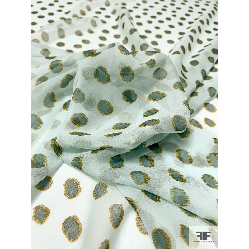 Large Dotted Printed Silk Chiffon – Light Sage / Dusty Teal / Mustard Fabric by the Yard